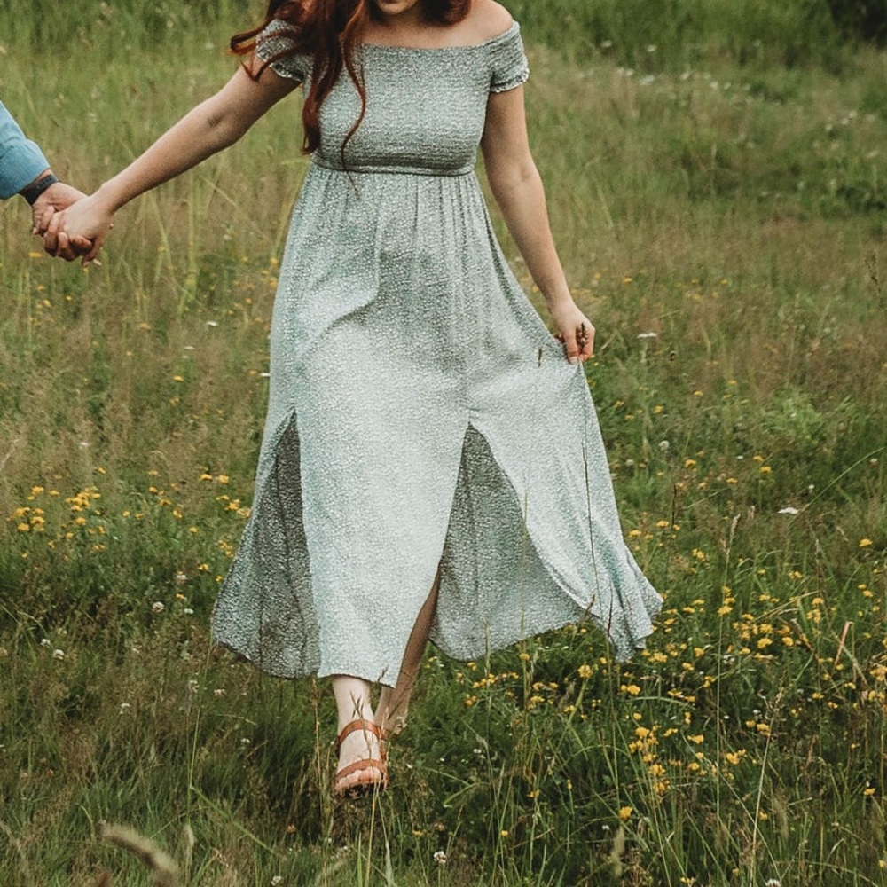Women's Boho Floral Print Off Shoulder Split Long A Line Dress